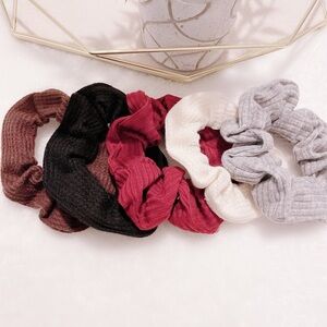 Set of 5  Scrunchies - Maroon, Ivory, Black, Brown and Grey